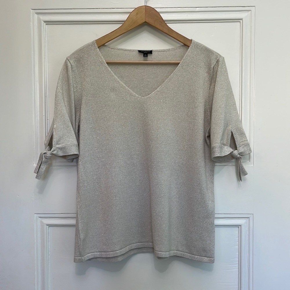 Talbots Fine Gauge Tie Sleeve Sweater Gold Ivory Sparkly Petites L